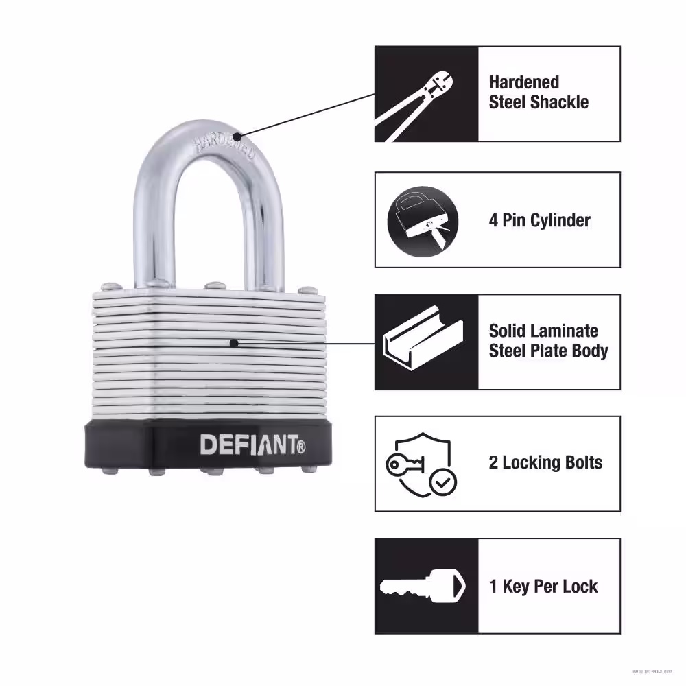 Defiant 44 mm 1 in. Laminated Steel Shackle Keyed Padlock (2-Pack)