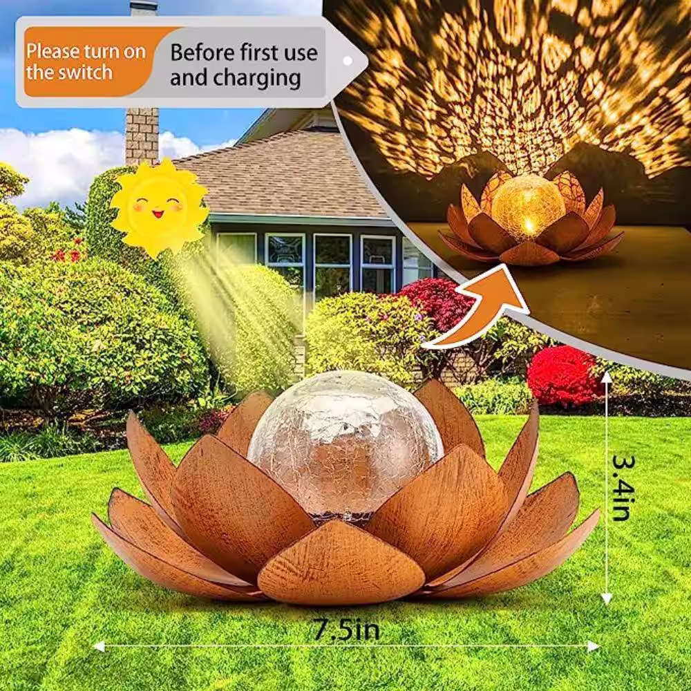None Solar Light Outdoor, Art Crackle Globe Glass Lotus Decoration, Solar LED Waterproof Metal Flower Lights (2-Pack)
