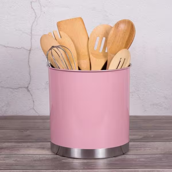 Creative Home 7 in. Dia m x 7 in. H Pink Large Heavy-Gauge Stainless Steel Tool Crock Utensil Holder Flatware Organizer