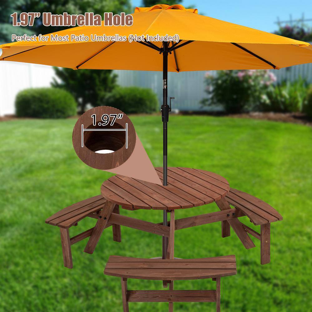 None 6-Person Circular Brown Outdoor Wooden Picnic Table with 3 Built-in Benches