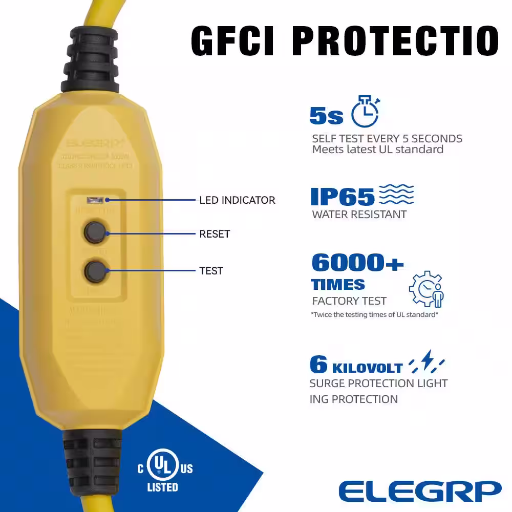 ELEGRP 2 ft. 15 Amp In-Line Self-Test Automatic Reset Portable GFCI Plug with 3-Outlet Cord, Yellow