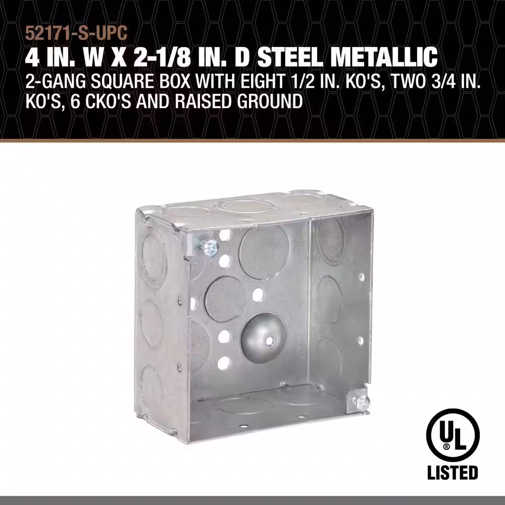 Southwire 4 in. W x 2-1/8 in. D Steel Metallic 2-Gang Square Box with Eight 1/2 in. Ko, Two 3/4 in. Ko, 6 CKo