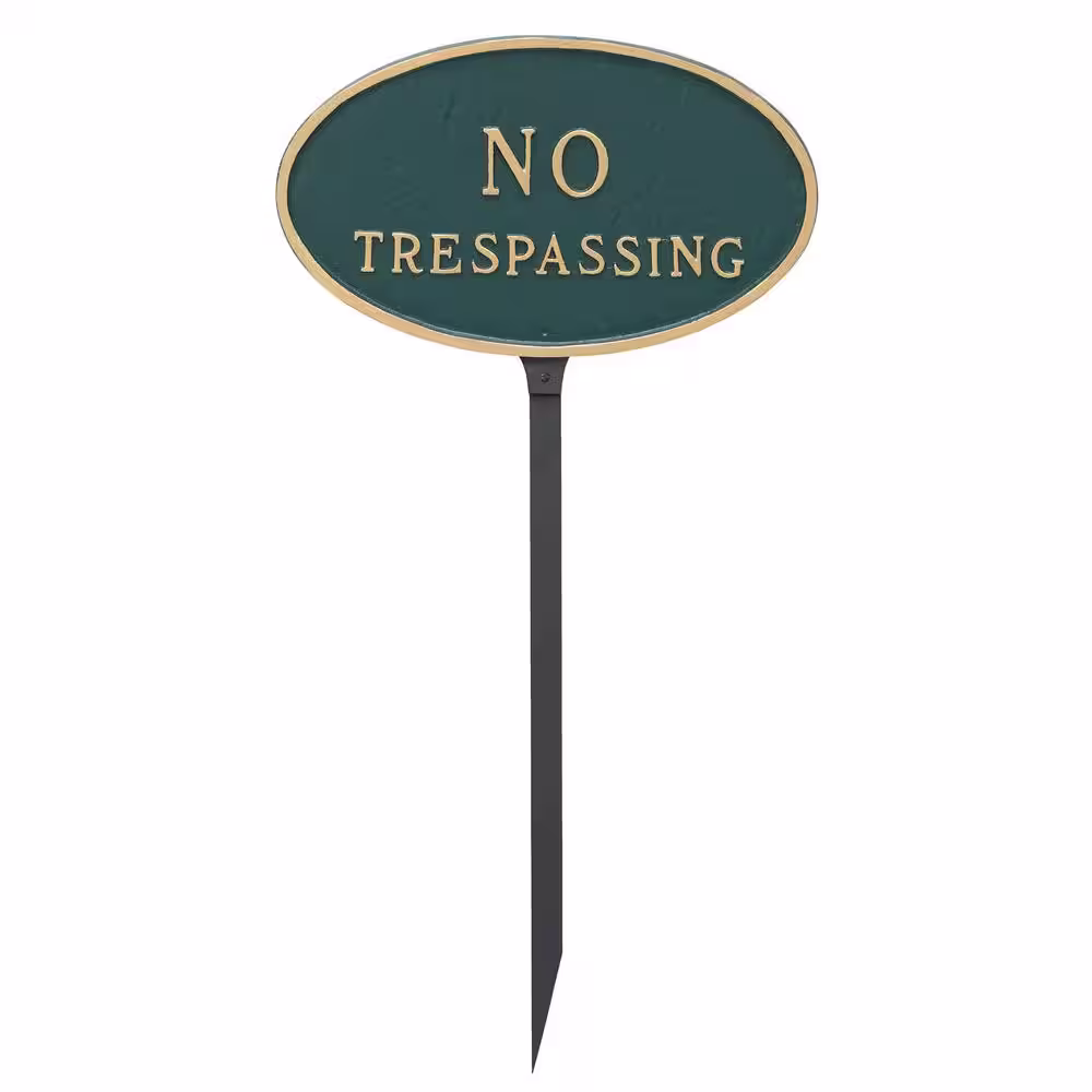 Montague Metal Products 8.5 in. x 13 in. Standard Oval No Trespassing Statement Plaque Sign with 23 in. Lawn Stake, Green with Gold Lettering