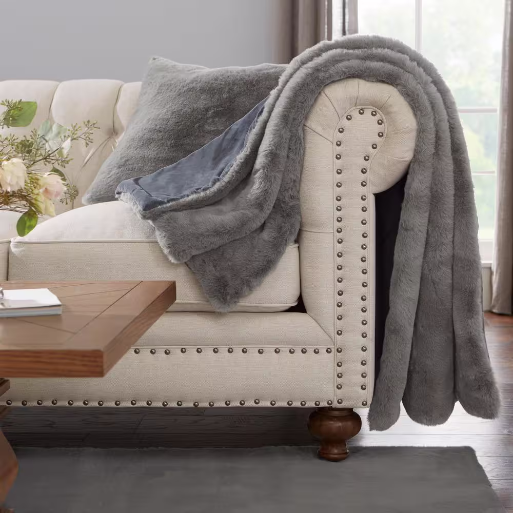 Home Decorators Collection Piper Dark Grey Faux Rabbit Fur 20 in. x 20 in. Square Throw Pillow