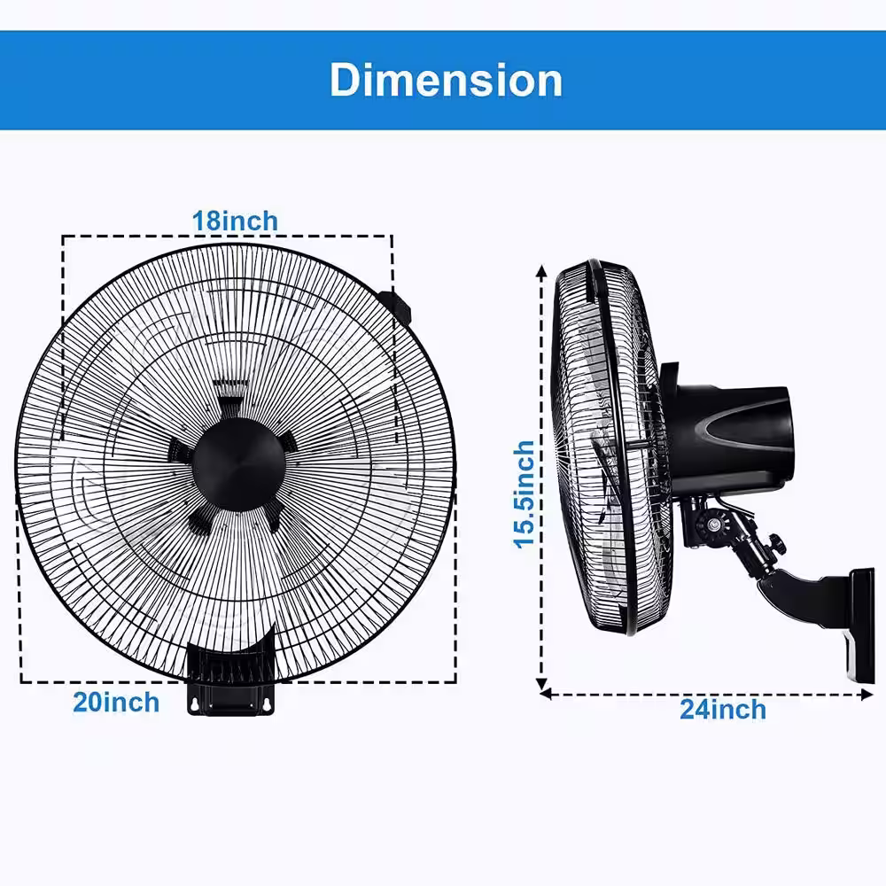 Tidoin 20 in. Black 5-Speed Round High Velocity Air Movement Mounted Wall Fan with 90 Degree Horizontal Oscillation (2-Pack)