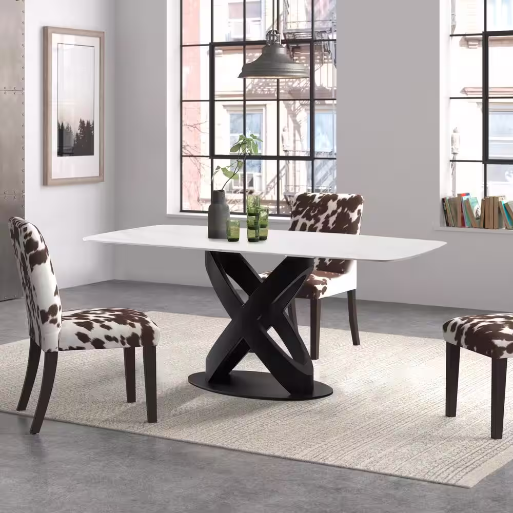 None 71 in. Rectangular Luxury Modern White Stone Dining Table with Solid Black Carbon Steel Base for Dining Room (Seats 8)