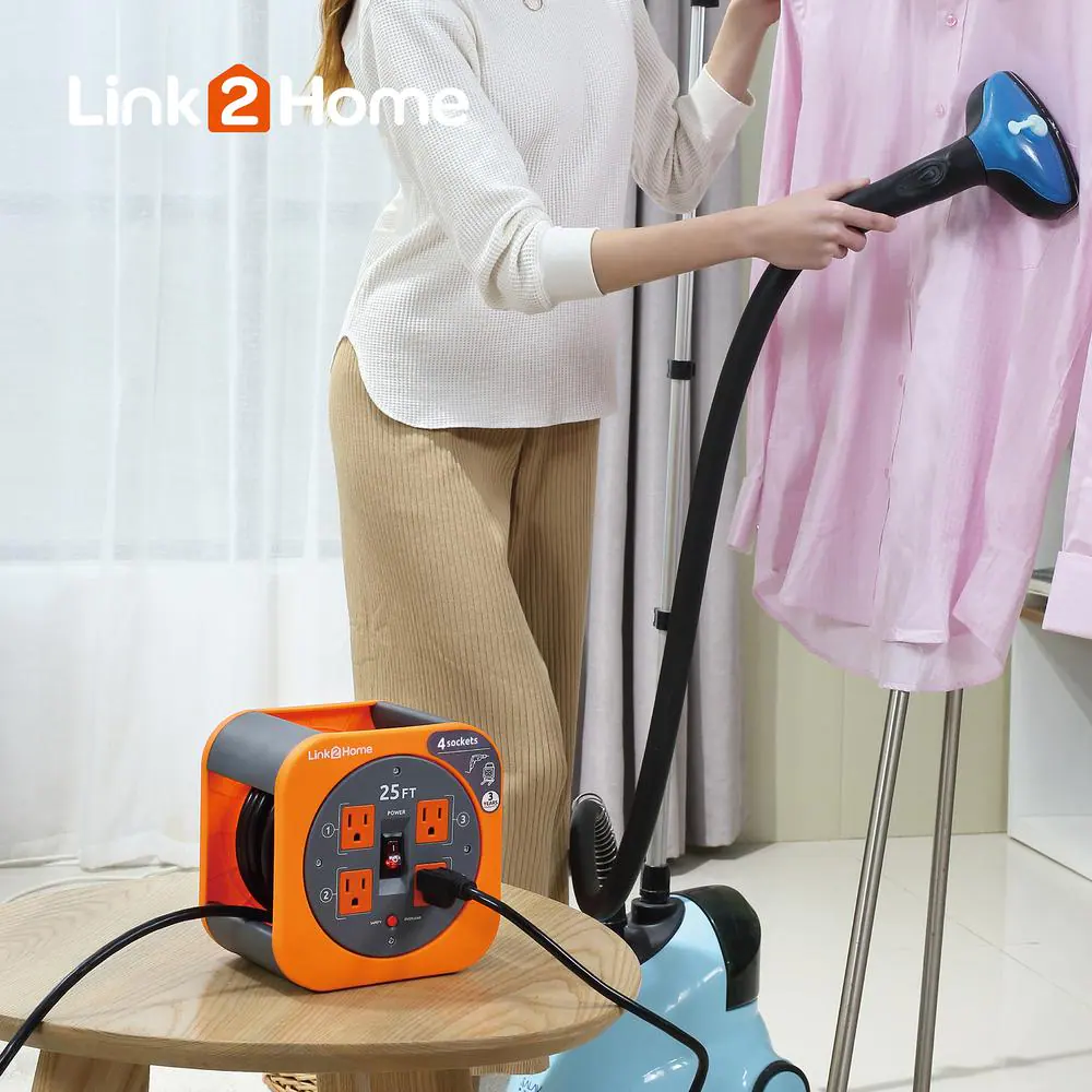 Link2Home 25 ft. 16/3 Extension Cord Storage Reel with 4 Grounded Outlets and Overload Reset Button
