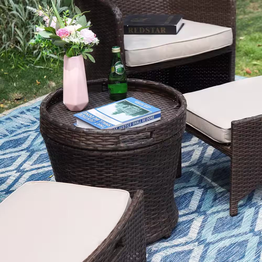 PHI VILLA Black Frame 5-Piece Outdoor Dark Brown Wicker Conversation Set with Beige Cushions