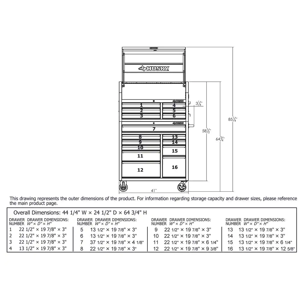 Husky 41 in. W x 24.5 in. D Standard Duty 16-Drawer Combination Rolling Tool Chest and Top Tool Cabinet Set in Gloss Red