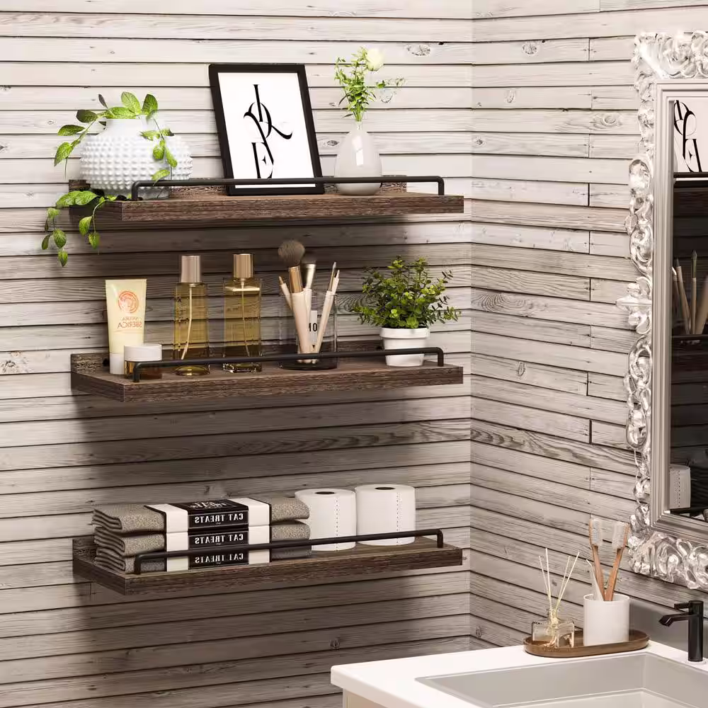 None 15.7 in. W x 6 in. D Dark Brown Decorative Wall Shelf Set of 3