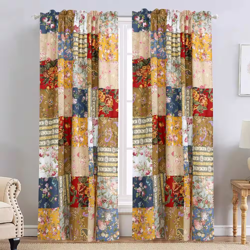 None Country Garden Fall Flowers Paisley Brooch Red Blue Beige 52 in. W x 84 in. L Rod Pocket Window Curtain Panel