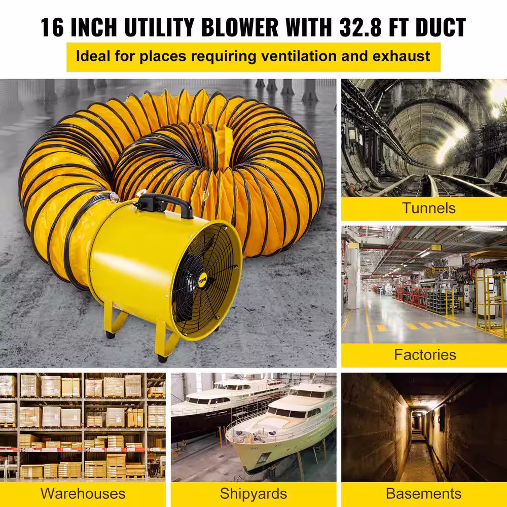 VEVOR Pivoting Utility Blower Fan 16 in. 1100 Watt 2160 3178 CFM High Velocity Ventilator with 32.8 ft. Duct Hose for Jobsite