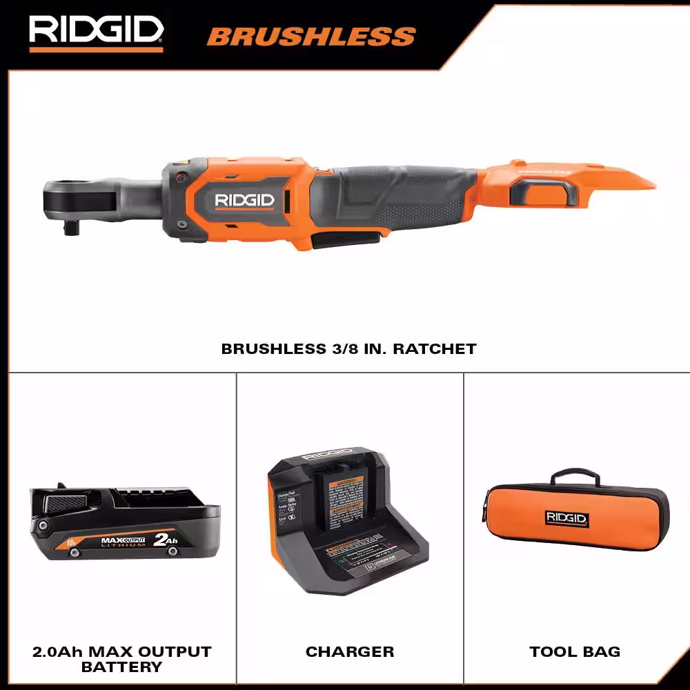 RIDGID 18V Brushless Cordless 2-Tool Combo Kit w/ 1/2 in. Mid-Torque Impact Wrench, 3/8 in. Ratchet, 2.0 Ah Battery, & Charger