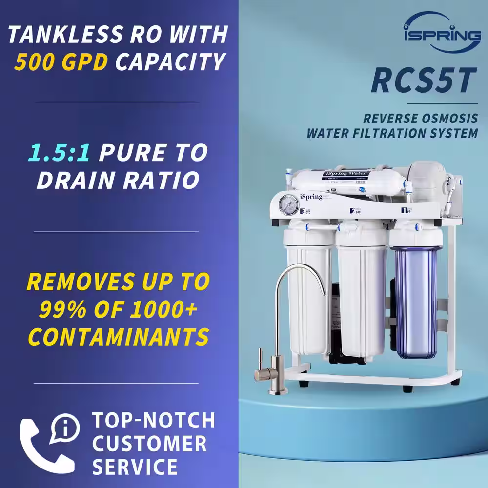 ISPRING 500GPD Residential and Light Commercial Under Sink Tankless Reverse Osmosis Water Filter with 1.5:1 Pure to Drain Ratio