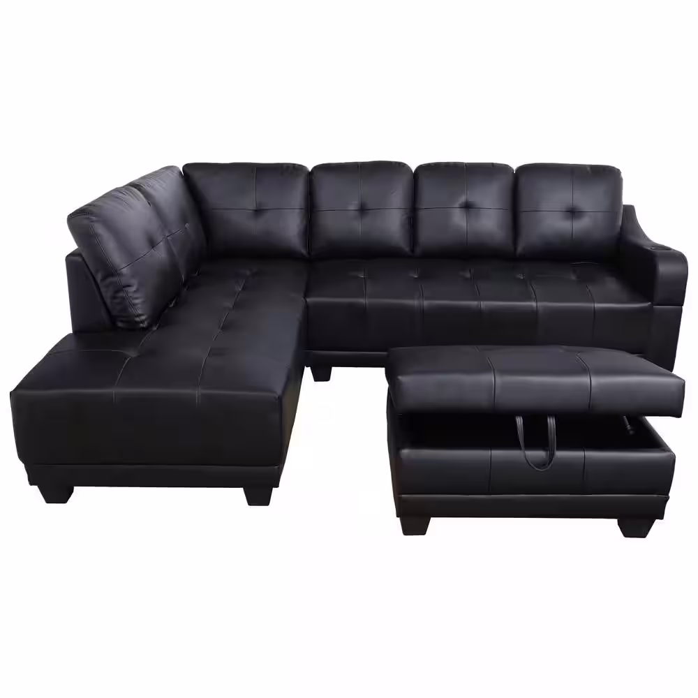 Star Home Living Mike 3-Piece Black Faux Leather 3-Seater L-Shaped Right-Facing Sectional Sofa with Ottoman
