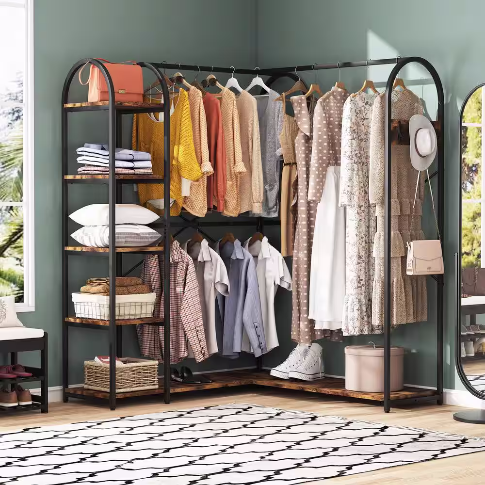 BYBLIGHT Carmalita Rustic Brown and Black L-Shaped Corner Garment Rack Closet Organizer with Storage Shelves and Coat Rack