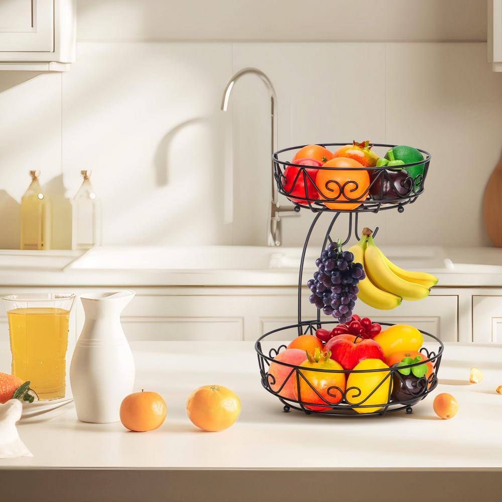dubbin Black 1-Piece 2-Tier Fruit Basket with 2-Banana Hooks and 2-Fruit Bowl
