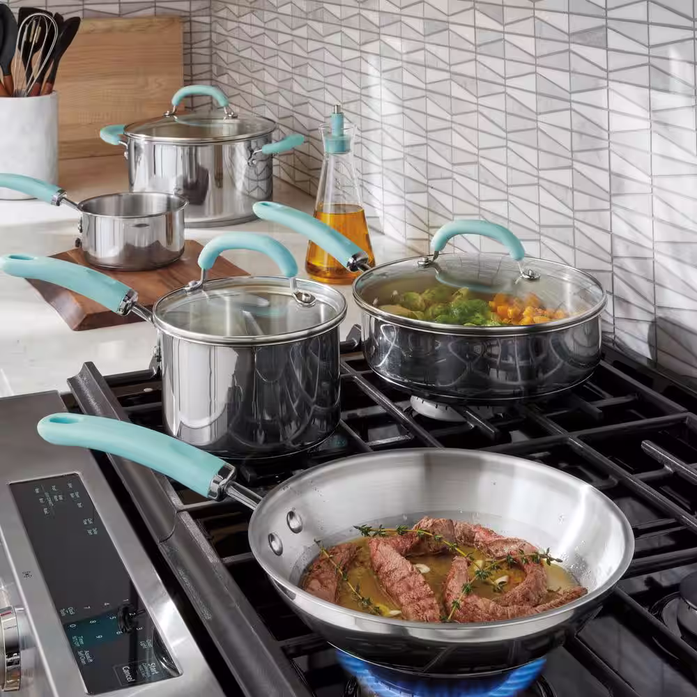 Rachael Ray Create Delicious 10-Piece Stainless Steel Cookware Set in Stainless Steel with Light Blue Handles