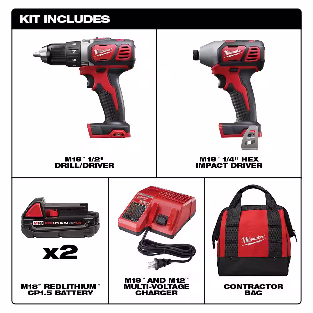 Milwaukee M18 18-Volt Lithium-Ion Cordless Drill Driver/Impact Driver Combo Kit (2-Tool) W/Two 1.5Ah Batteries & AC/DC Flood Light