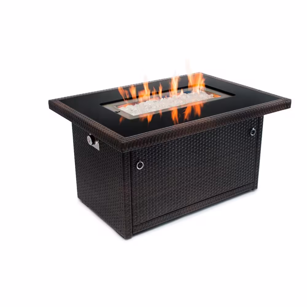 Outland Living Granville 50,000 BTU Rectangular Resin Wicker Covered Outdoor Patio Propane Fire Pit Table with Soft Cover & Glass Rocks
