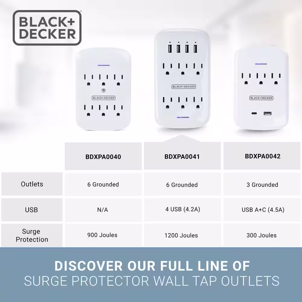 BLACK+DECKER White 6 Grounded Outlets Surge Protector Wall Mount with 4 USB Charging Ports