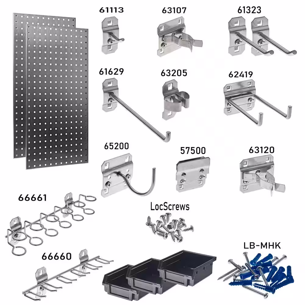 Triton Products LocBoard 18 in. x 36 in. Stainless Steel Boards with 32-Piece Hook Assortment, 3-Bins and Hardware (2-Quantity)