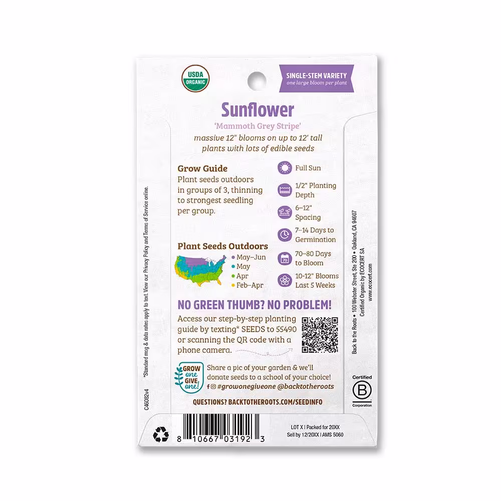 Back to the Roots Organic Mammoth Grey Stripe Sunflower Seed (1-Pack)