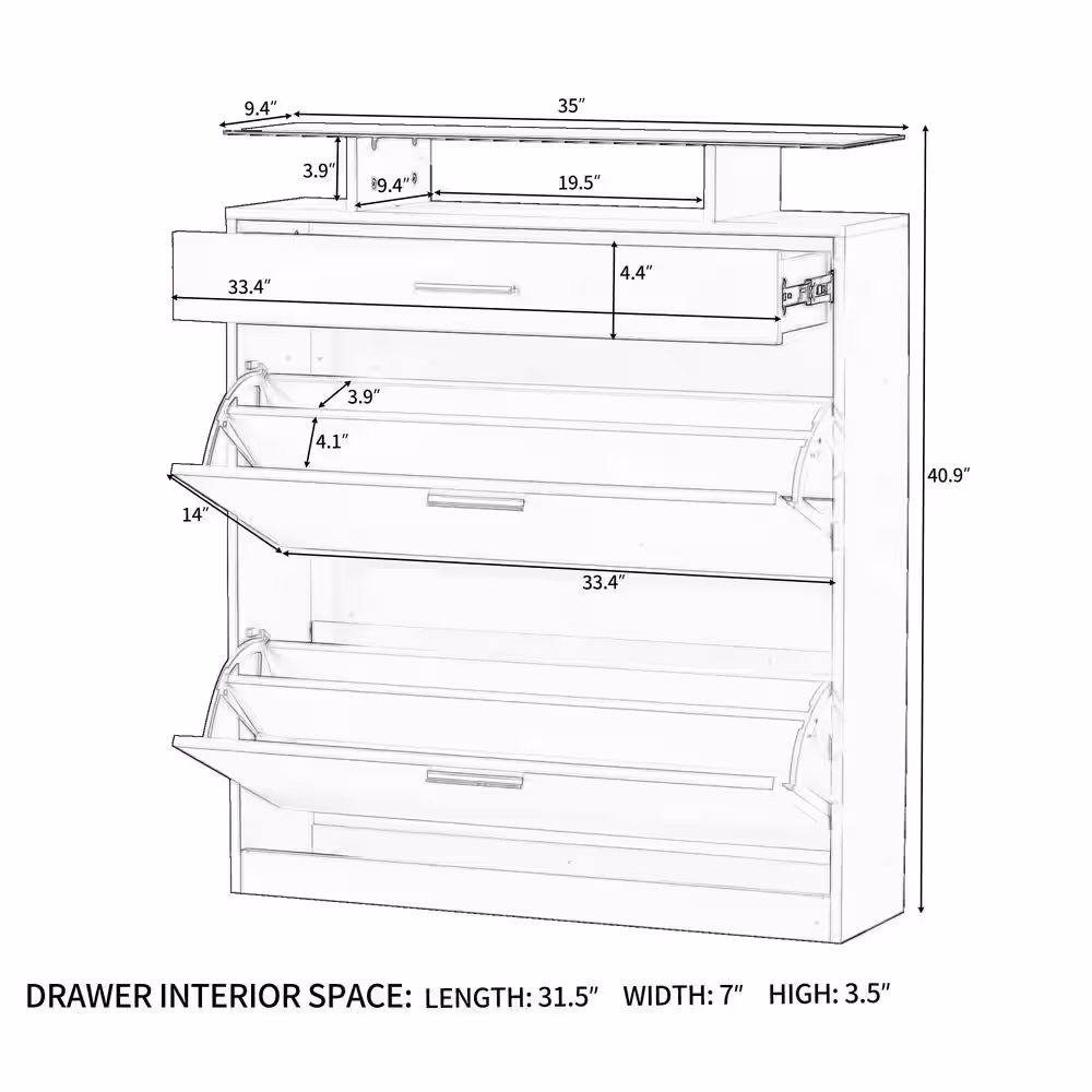 Harper & Bright Designs 40.9 in. H x 35 in. W White Shoe Storage Cabinet with 2 Flip Drawers, Tempered Glass Top and LED light