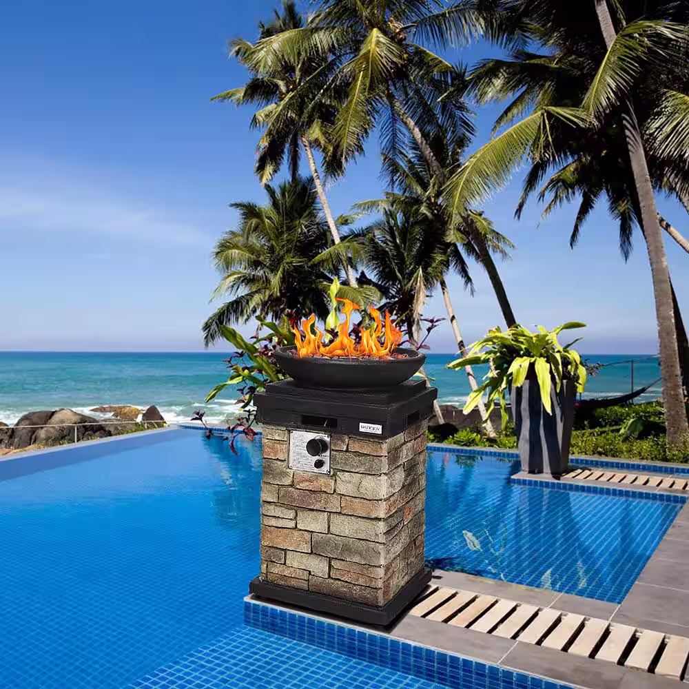 Costway 18 in. W x 30 in. H Outdoor Stainless Steel Patio Propane Burning Bowl Column with Lava Rocks and Cover 40,000 BTU