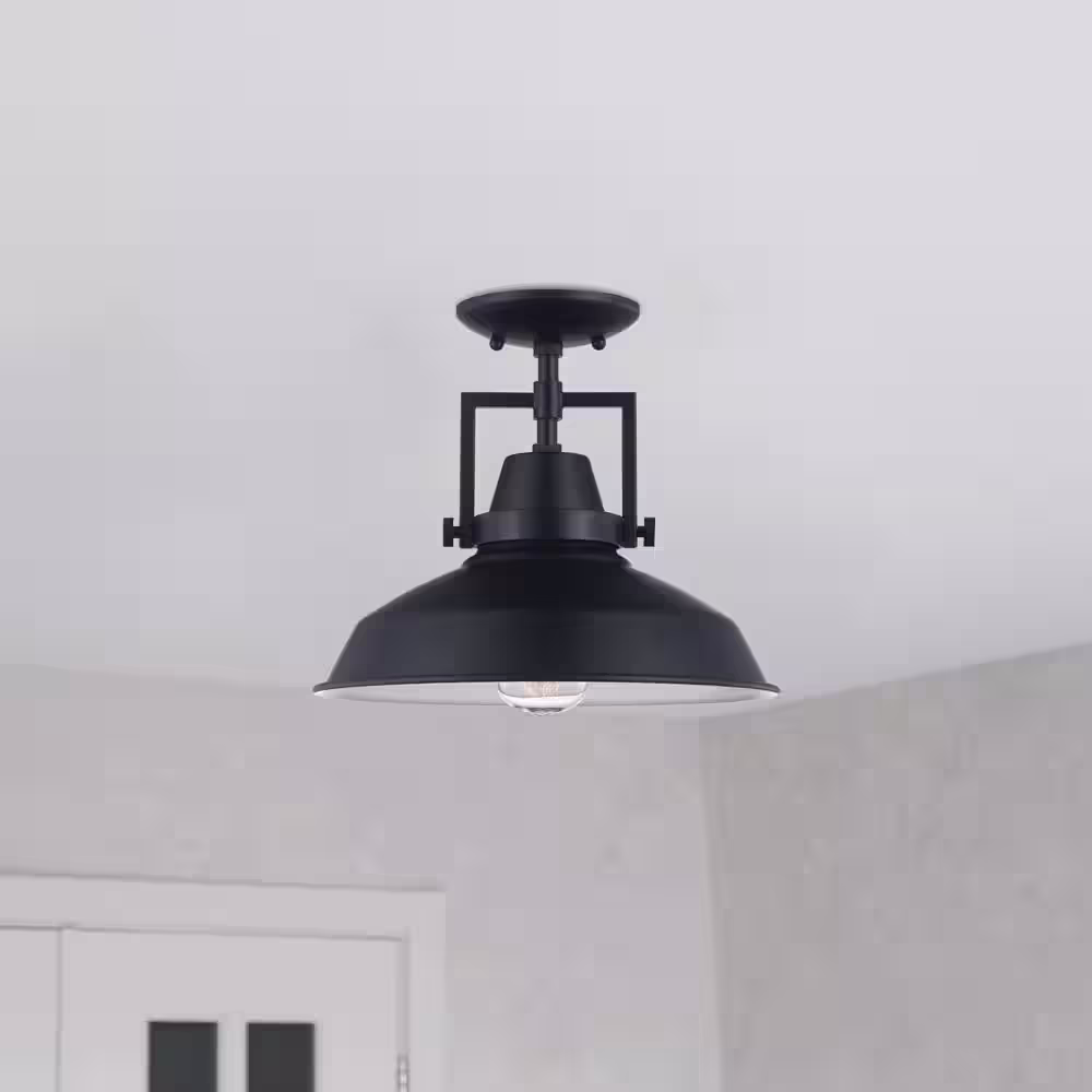 Monteaux Lighting 12 in. 1-Light Black Industrial Farmhouse Semi-Flush Mount Ceiling Light Fixture with Metal Shade