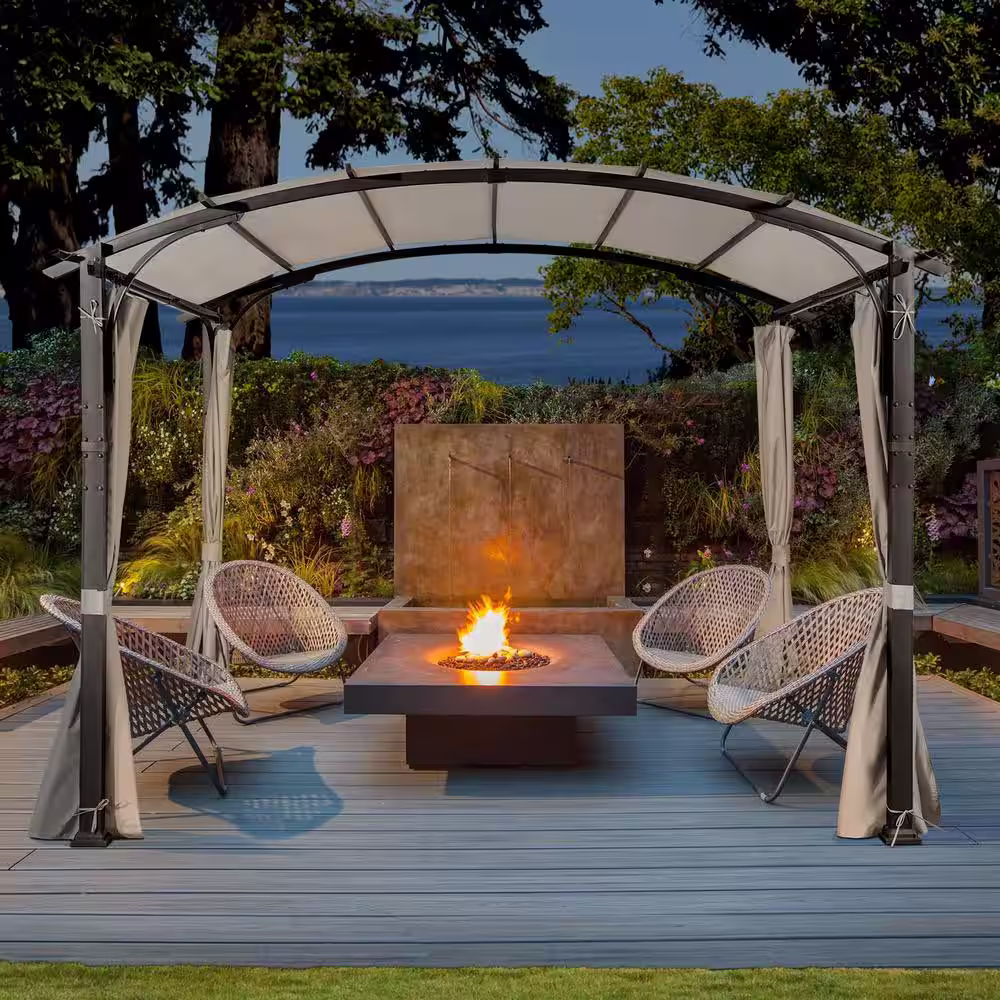 None 11 ft. x 11 ft. Black Steel Arched Pergola with Grey Curtain and Canopy