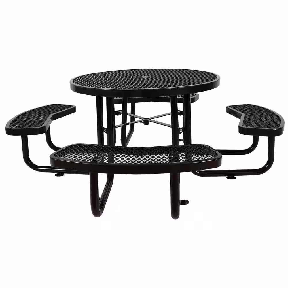 None 46 in. Black Round Steel Picnic Table Seats 8-People with Umbrella Hole
