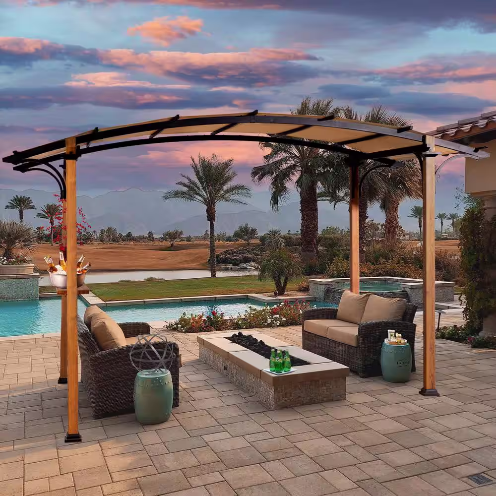 None 13 ft. x 8.5 ft. Steel Patio Pergola with Beige Shade Canopy and Bar Shelf