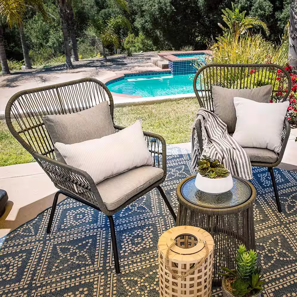Barton 3-Piece Wicker Outdoor Bistro Set with Gray Cushions