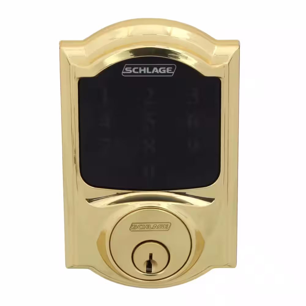 Schlage Camelot Bright Brass Connect Smart Lock with Alarm and Georgian Door Knob Handleset