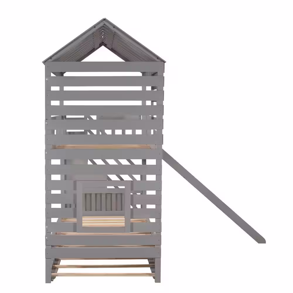 Qualler Gray Twin Over Twin House Bunk Bed With Trundle and Slide