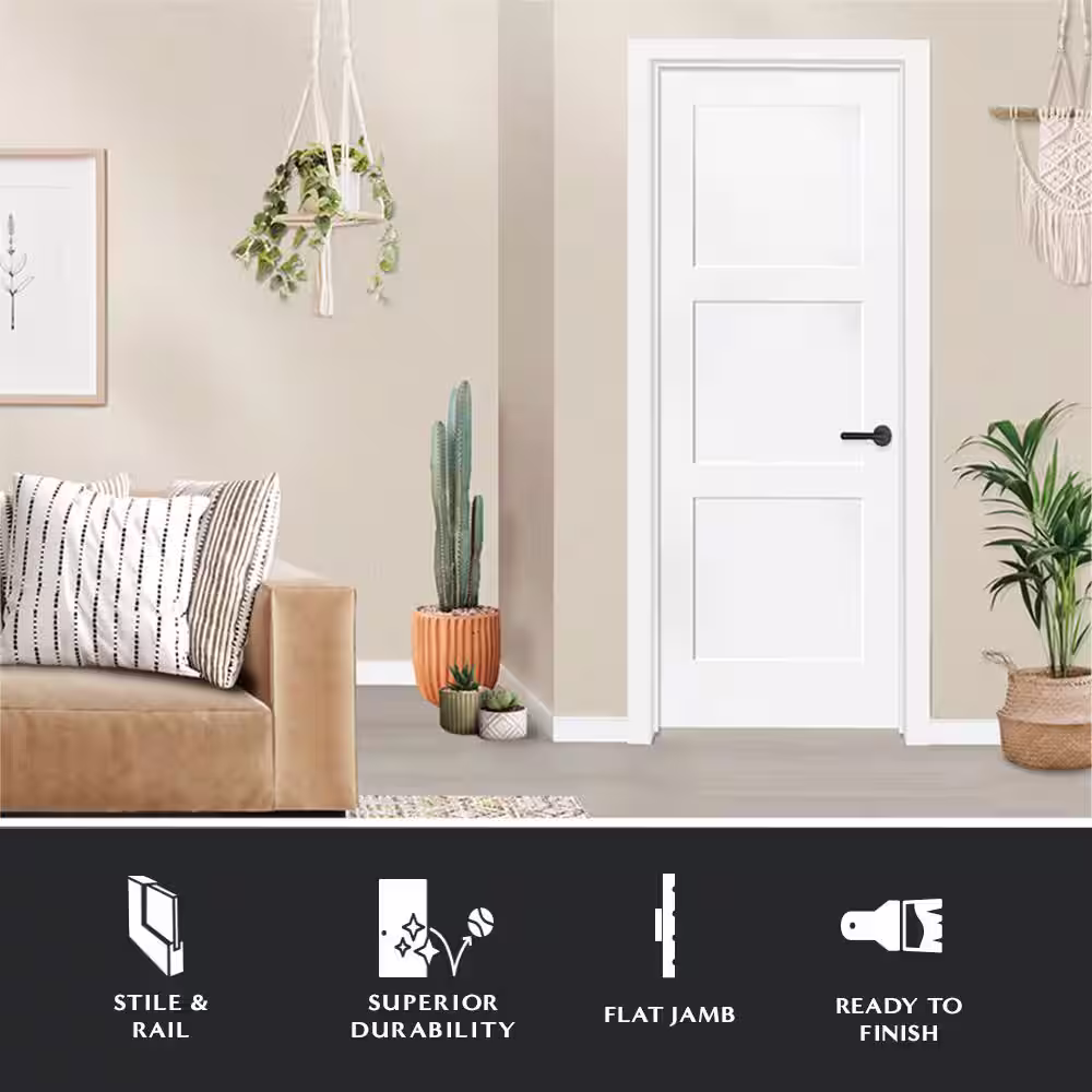 Steves & Sons 30 in. x 80 in. 3-Panel Equal Shaker White Primed LH Solid Core Wood Single Prehung Interior Door with Bronze Hinges