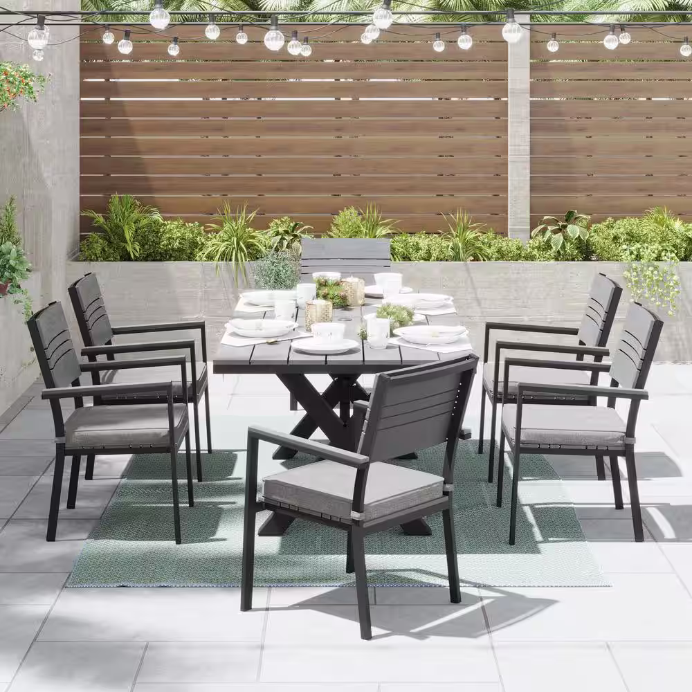 CORVUS Orville Gray 7-Piece Aluminum Outdoor Dining Set with Dark Gray Cushions