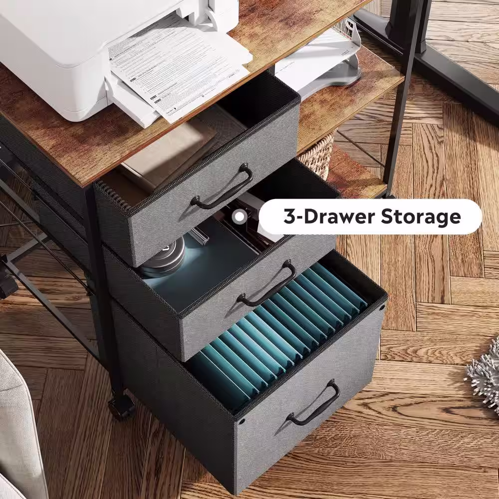 None Mobile 29.5 in. W x 25.6 in. H x 15.7 in. D Steel Freestanding Cabinet in Brown with Open Storage Shelf and Drawers