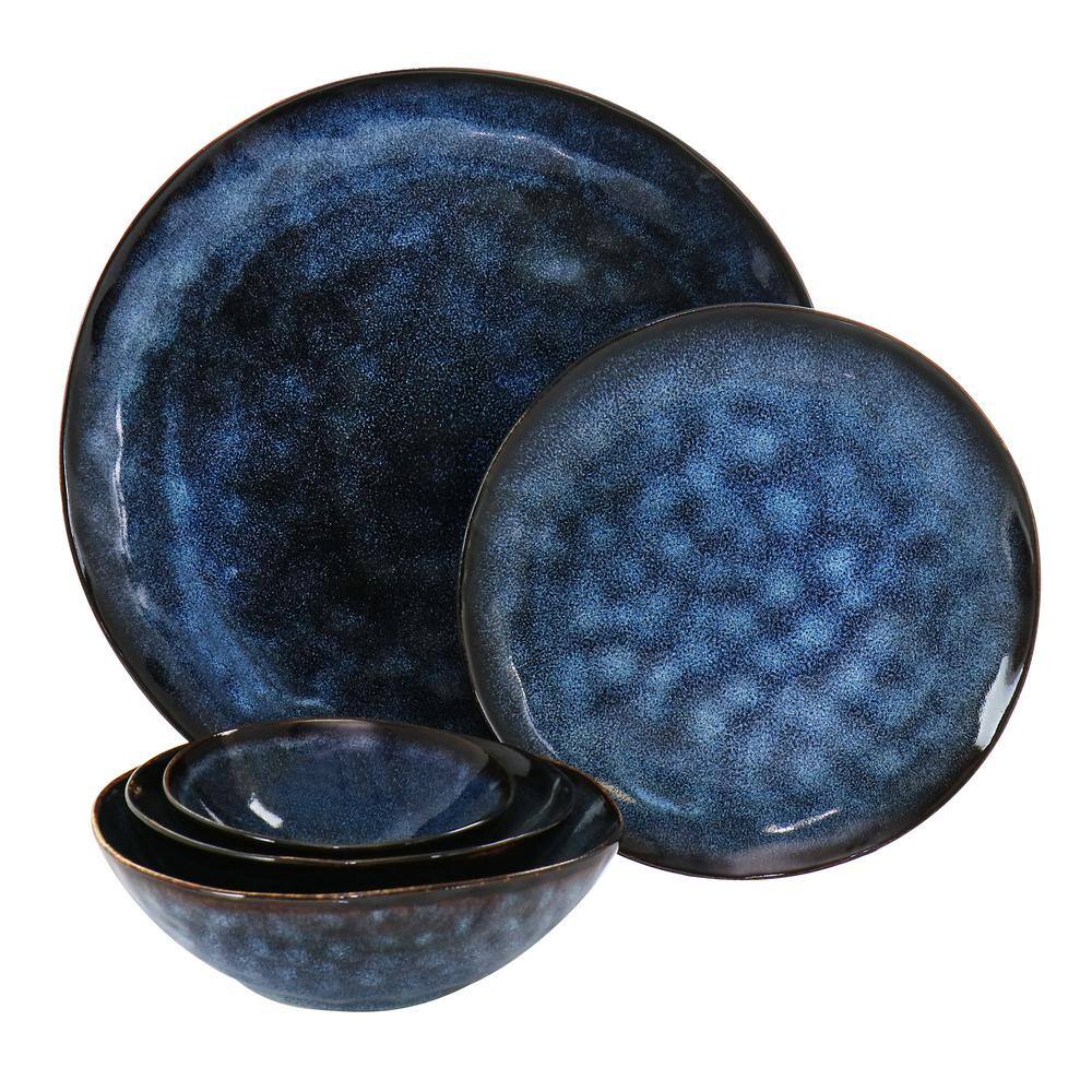 Elama Lucca 20-Piece Blue Round Stoneware Triple Bowl Dinnerware Set