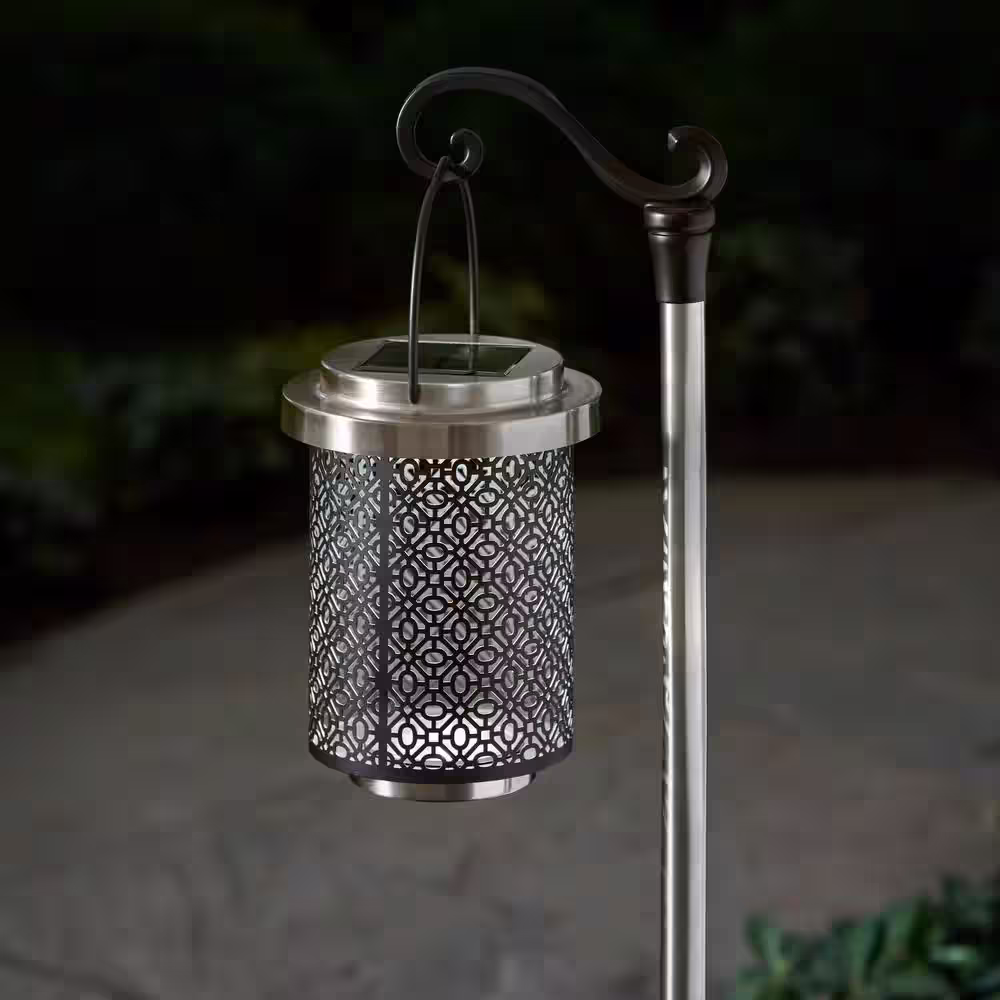 Hampton Bay MONROE Solar Black and Silver LED Lantern Path Light with Shepard's Hook 15 Lumens (2-Pack)