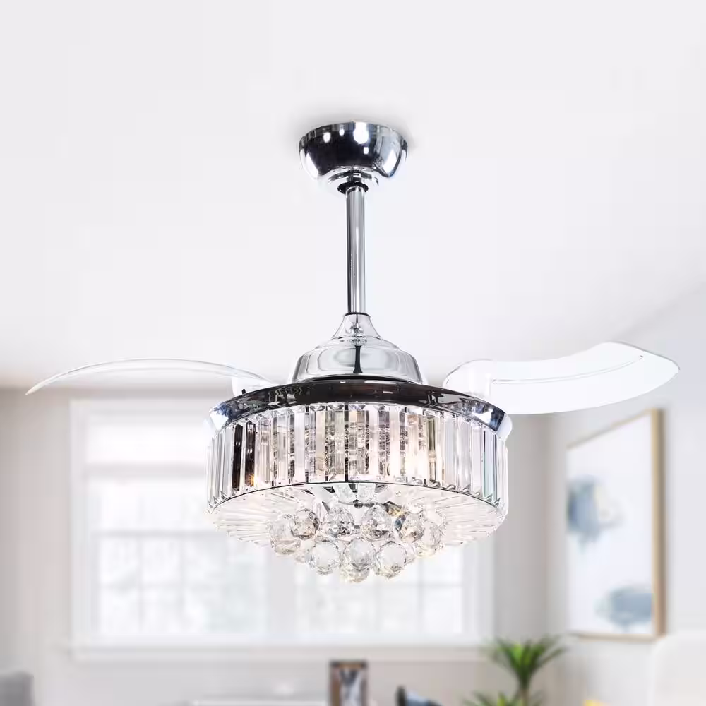Parrot Uncle Broxburne 36 in. Modern Chrome Retractable 3-Blade Crystal Ceiling Fan with Light Kit and Remote Control