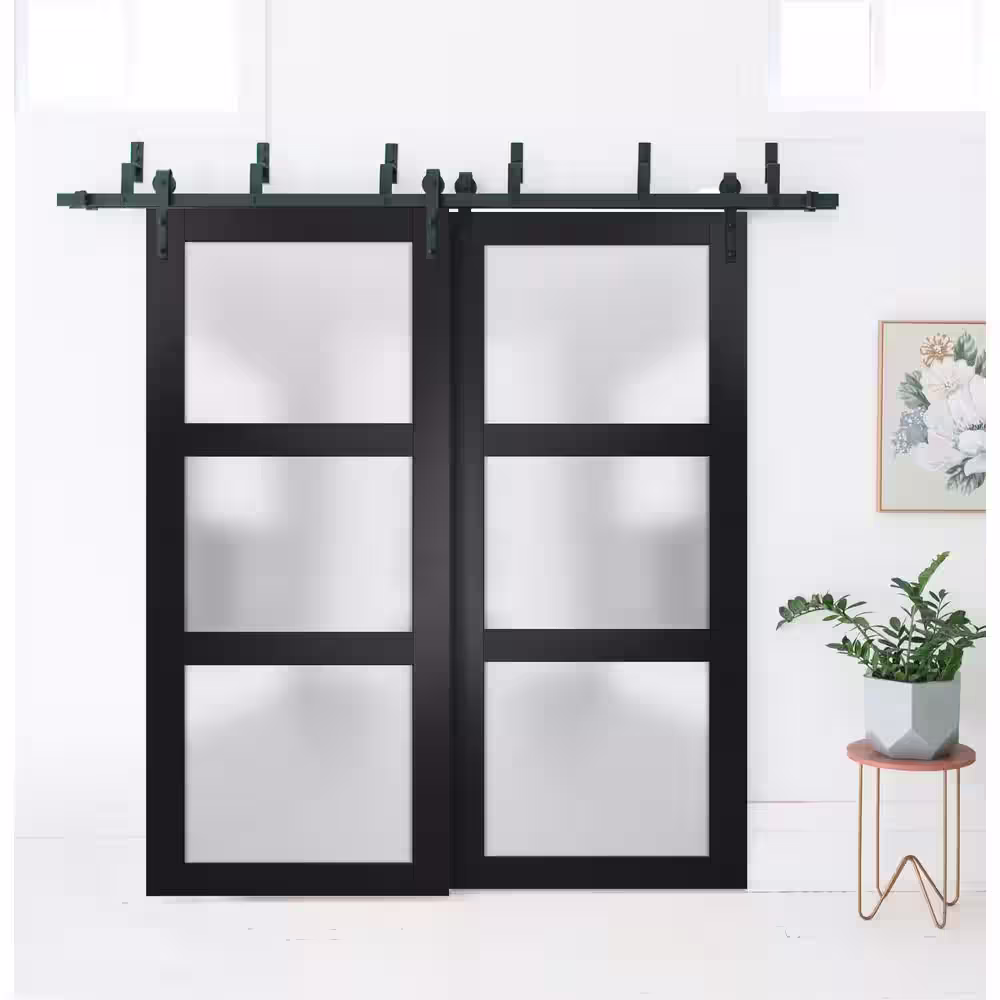 Sartodoors 2552 36 in. x 96 in. No Bore Solid Core 3-Lite Frosted Glass Black Finished Pine Wood Interior Door Slab