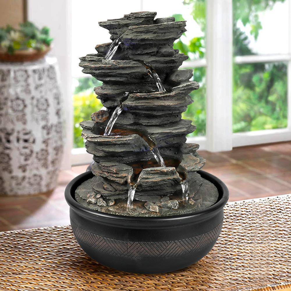 Watnature Rockery Indoor Tabletop Fountain with LED Lights, 15.7in 6-Tier Resin Crafted Stacked Rock Water Feature for Home Decor