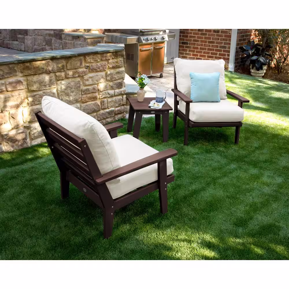 POLYWOOD Grant Park Mahogany Plastic Patio Outdoor Lounge Chairs Set of 2 with Wheat Cushions and Side Table