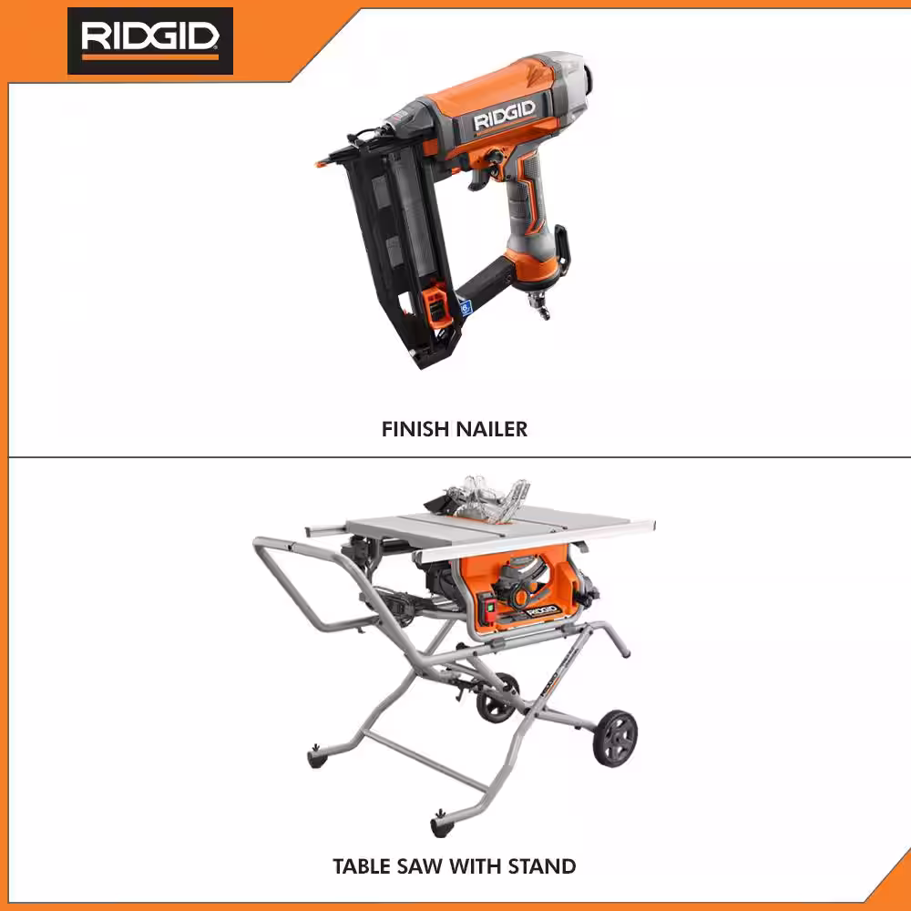 RIDGID 15 Amp 10 in. Portable Pro Jobsite Table Saw with Rolling Stand and Pneumatic 16-Gauge 2-1/2 in. Straight Finish Nailer