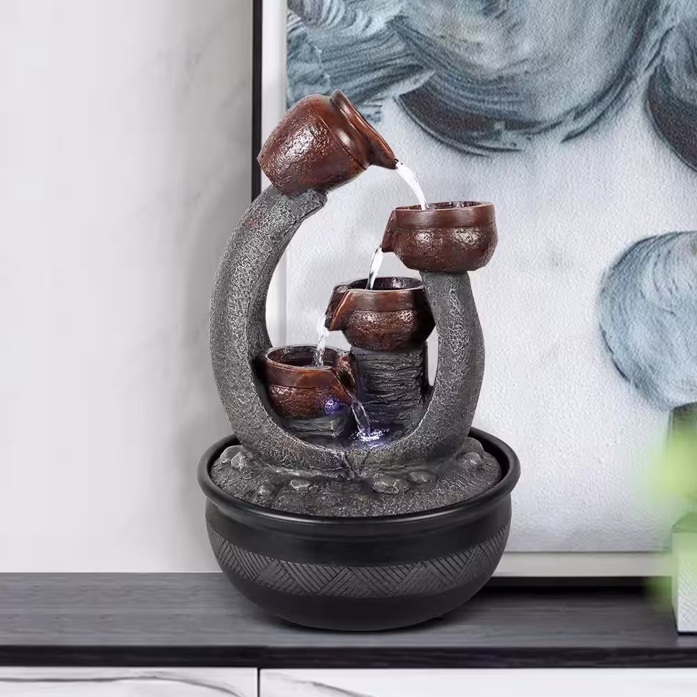 Watnature Resin Tabletop Fountain - 15.7 in. 5-tier Small Relaxation Waterfall Feature with LED Lights for Office, Room Decor