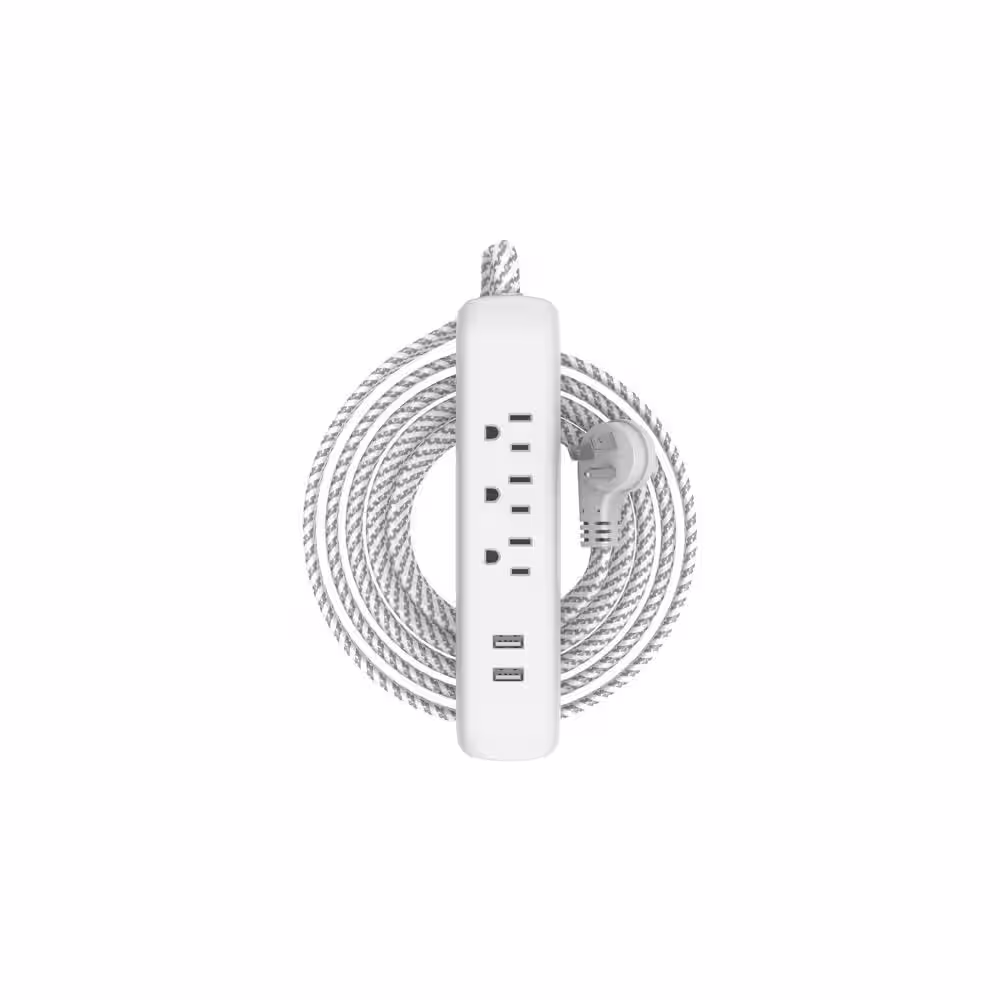 HDX 15 ft. 16/3 3 Outlet, 2 USB Braided Extension Cord in White and Grey
