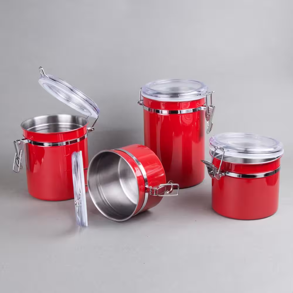 Creative Home Set of 4-Pieces Red Stainless Steel Canister Storage Container with Air Tight Lid and Locking Clamp