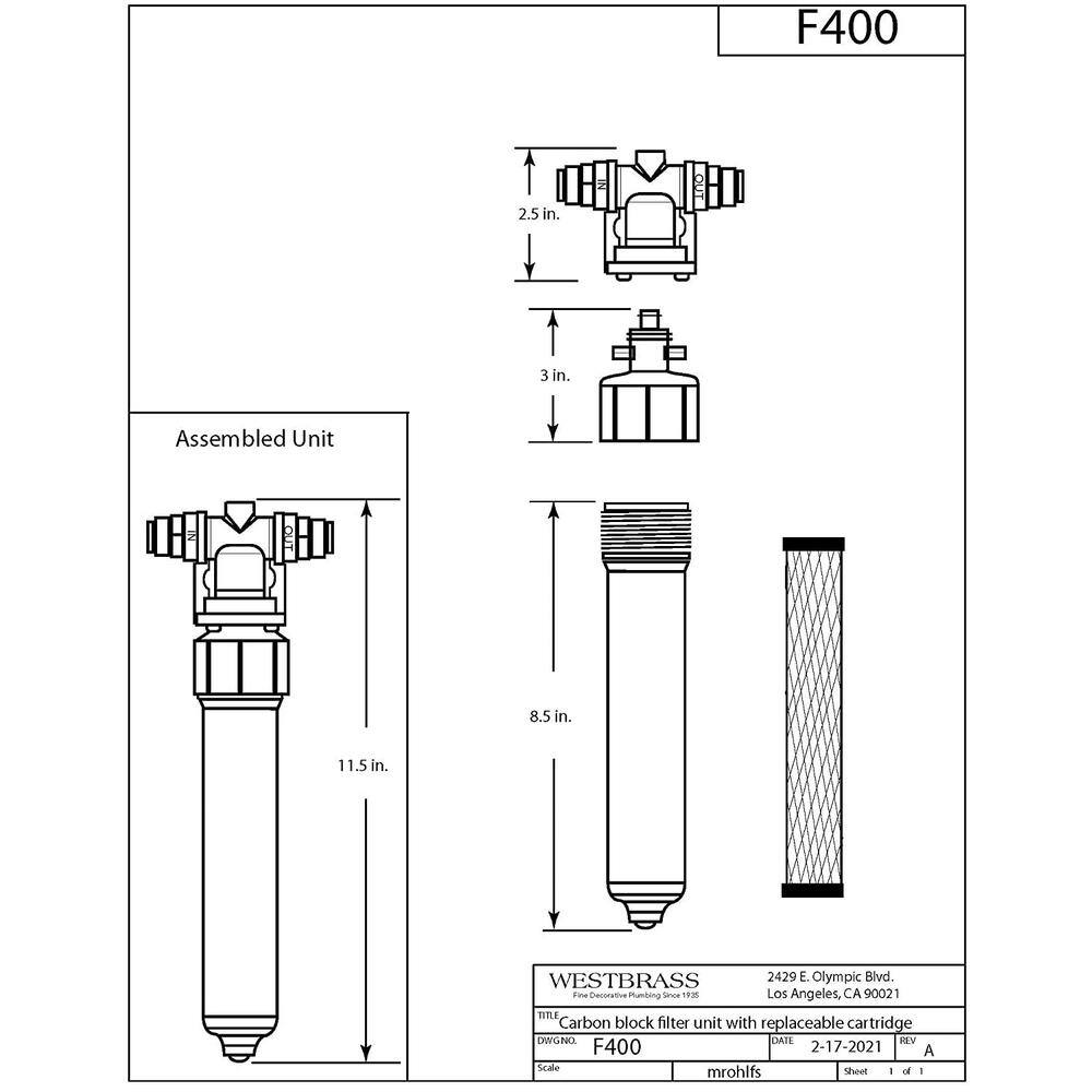Westbrass Under Sink In-Line Water Filter Unit and Cartridge for Instant Hot or Pure Water Dispenser Faucets, White